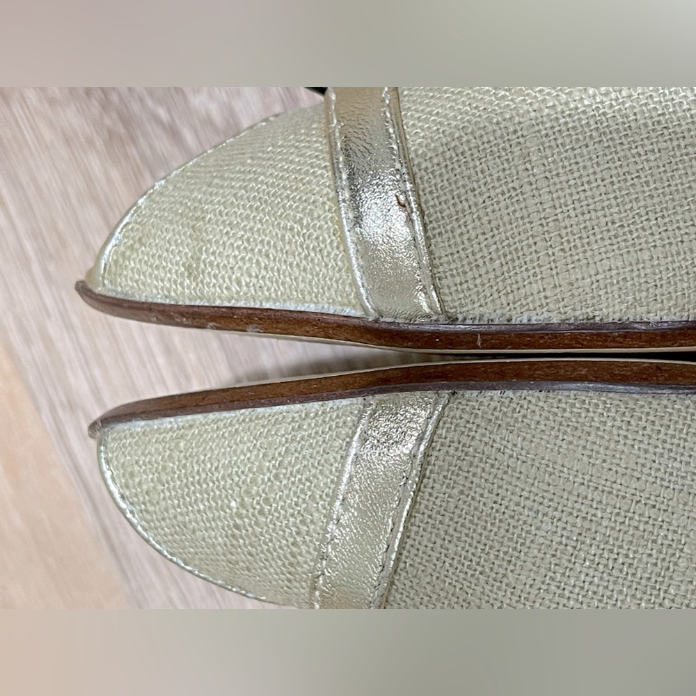 Matisse Estee Khaki Canvas and Gold Leather Open Toe Basket Weave Wedge 7.5 - Picture 11 of 13